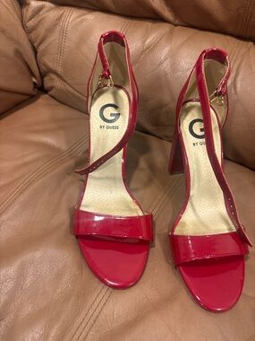GUESS Red Patent Block Heel Sandals with Ankle Strap